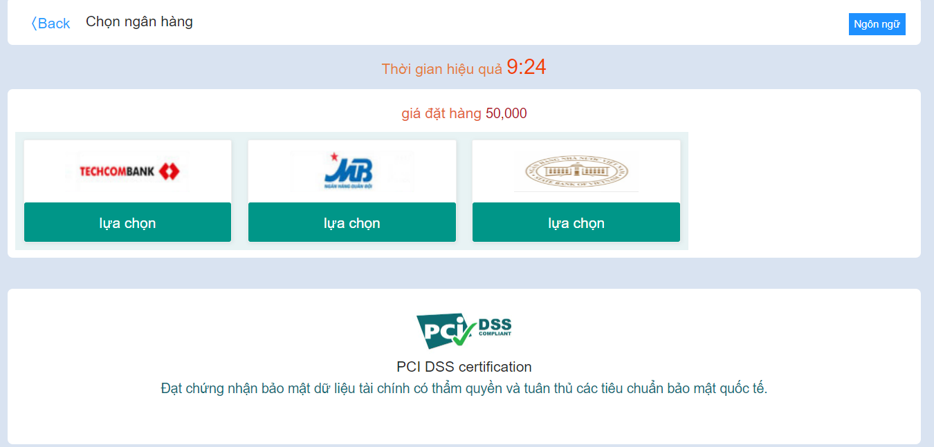 Màn hình kết quả ngân hàng có thể liên kết để thanh toán trực tuyến