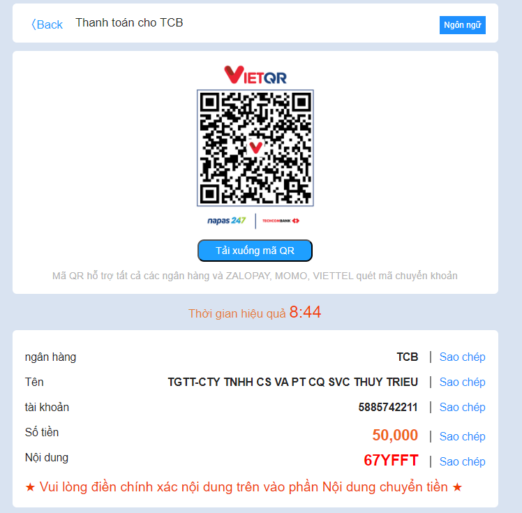 Mã QR để thanh toán thông qua hình thức USDT